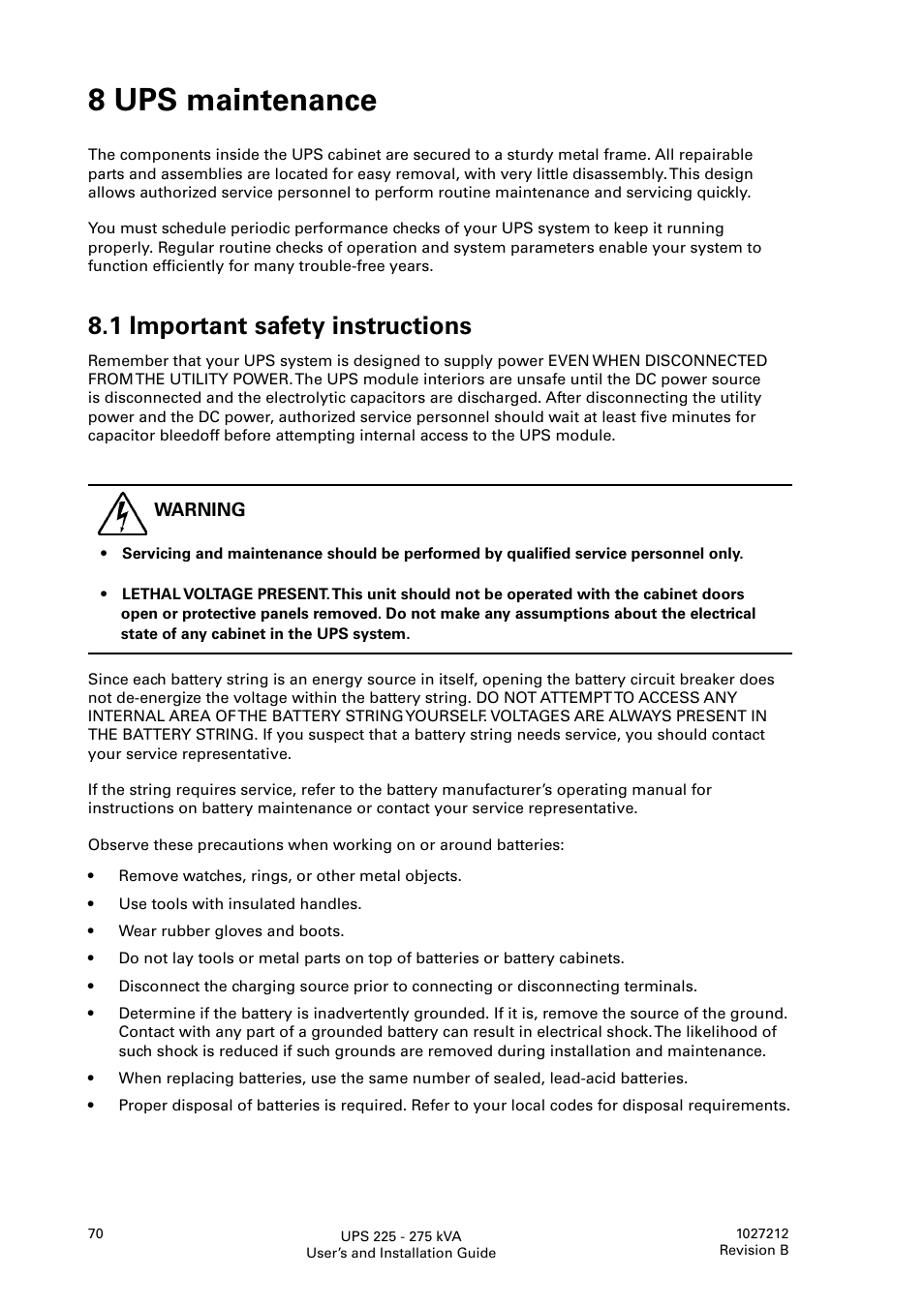 8 ups maintenance, 1 important safety instructions | Thomas & Betts 9395 User Manual | Page 70 / 74