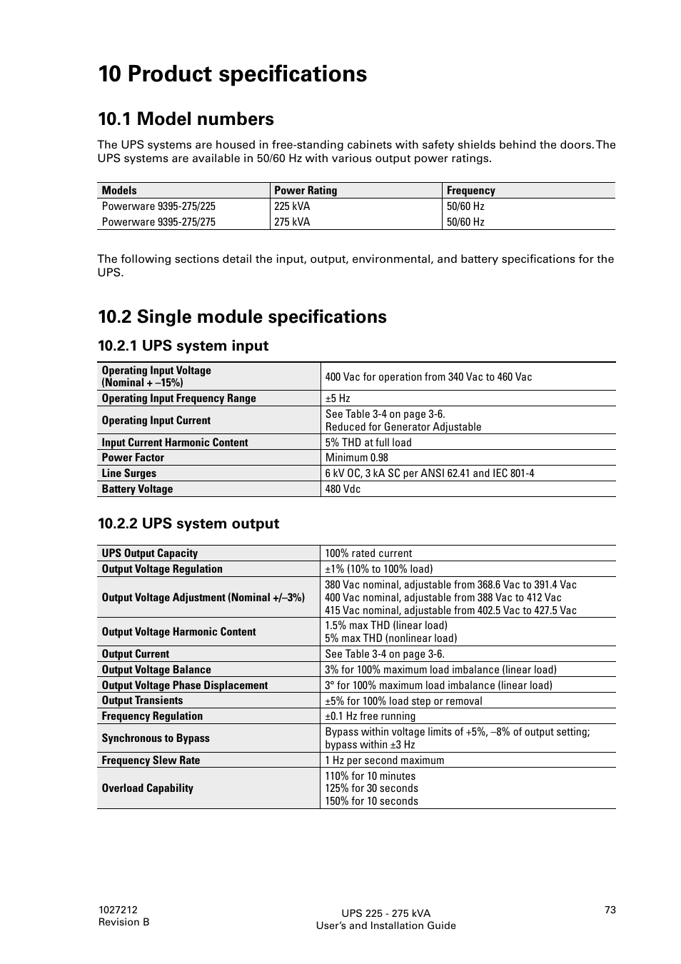 10 product specifications, 1 model numbers, 2 single module specifications | 1 ups system input, 2 ups system output | Thomas & Betts 9395 User Manual | Page 73 / 74