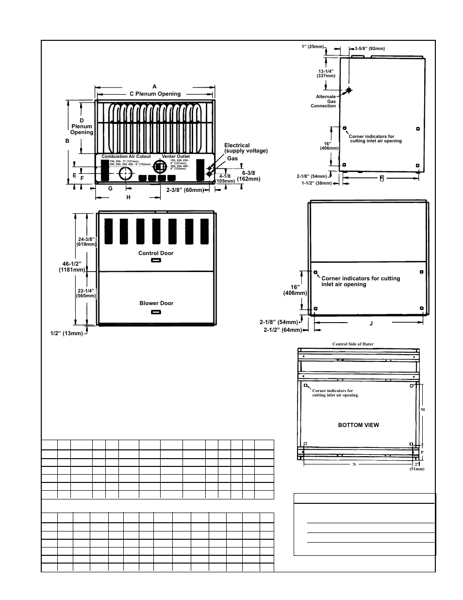 Dimensions, Dimensions (inches + or - 1/8"), Dimensions (mm +or- 3) | Air opening dimensions | Thomas & Betts RGM 405 User Manual | Page 3 / 24