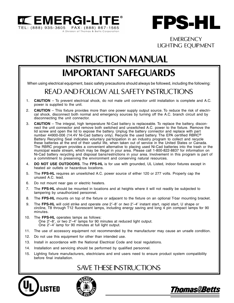 Thomas & Betts EMERGI-LITE FPS-HL User Manual | 4 pages