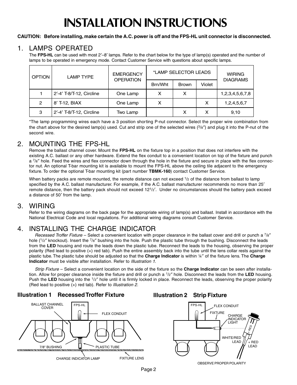 Installation instructions, Lamps operated, Mounting the fps-hl | Wiring, Installing the charge indicator | Thomas & Betts EMERGI-LITE FPS-HL User Manual | Page 2 / 4