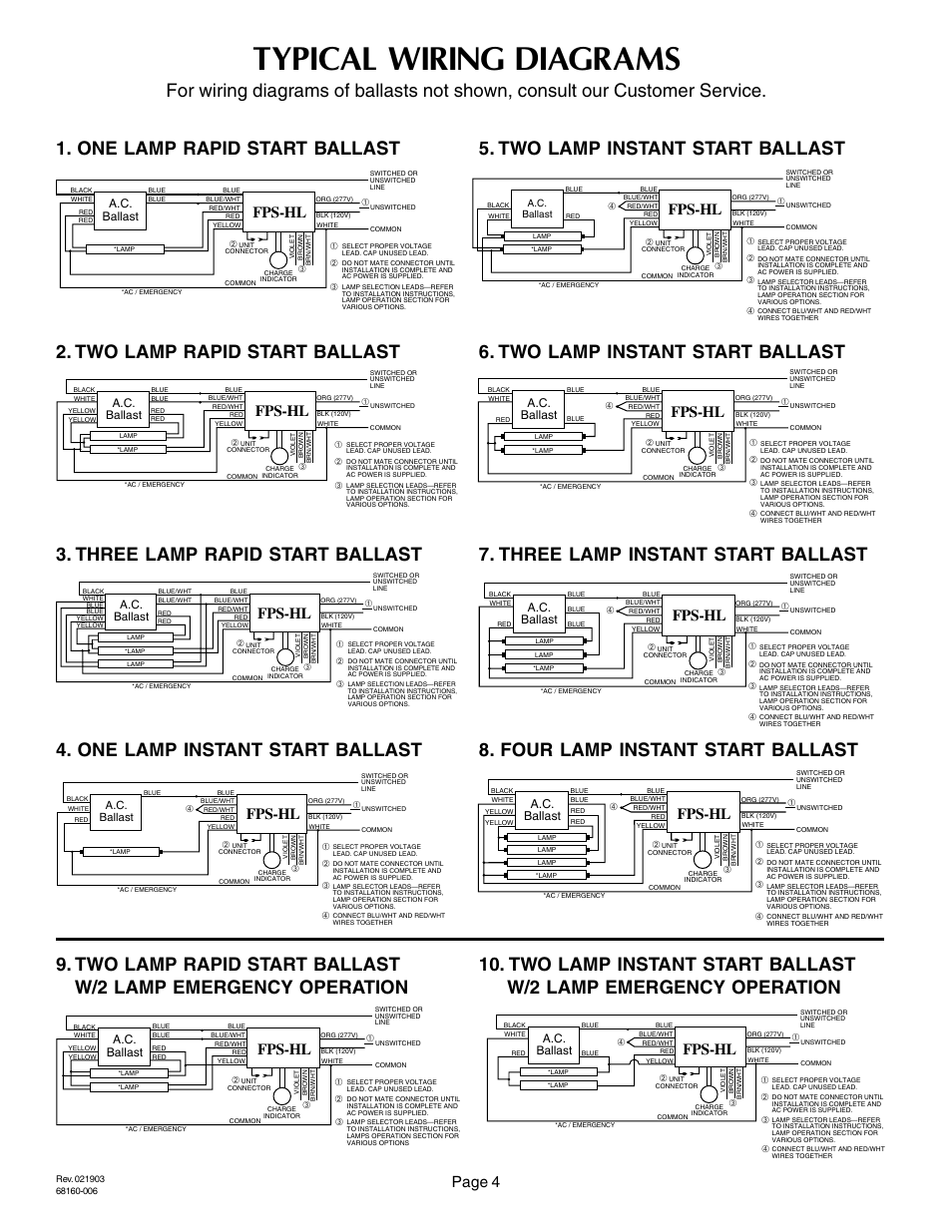 Typical wiring diagrams, Page 4, Fps-hl | A.c. ballast | Thomas & Betts EMERGI-LITE FPS-HL User Manual | Page 4 / 4