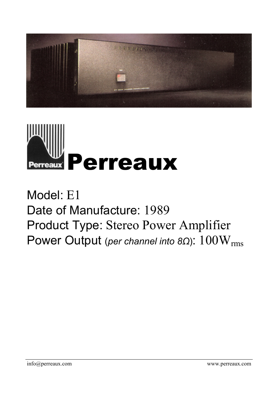 Perreaux E1 User Manual | 2 pages