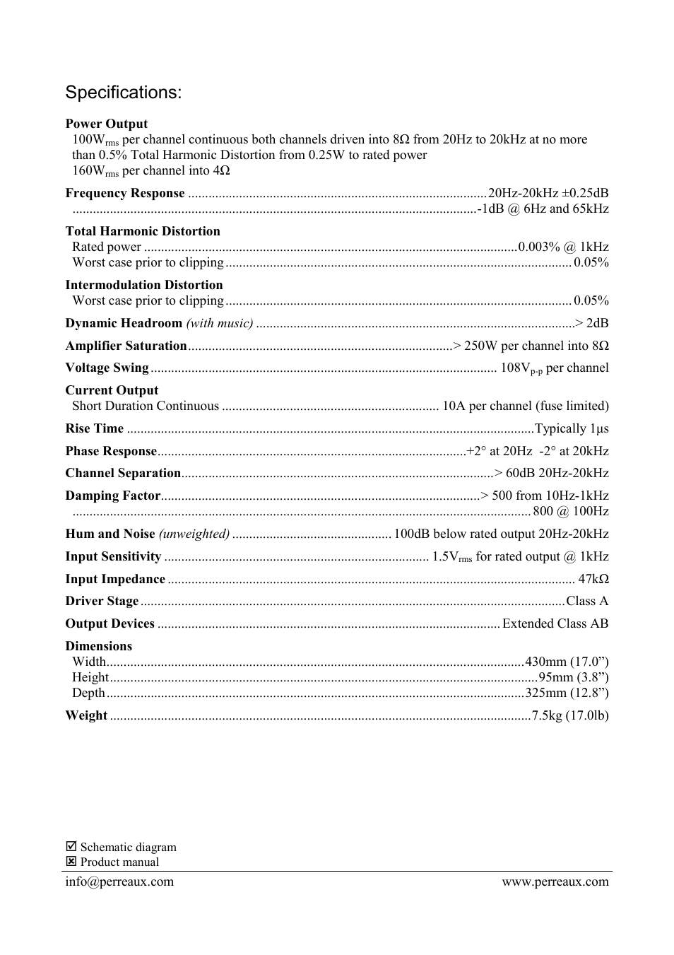 Specifications | Perreaux E1 User Manual | Page 2 / 2