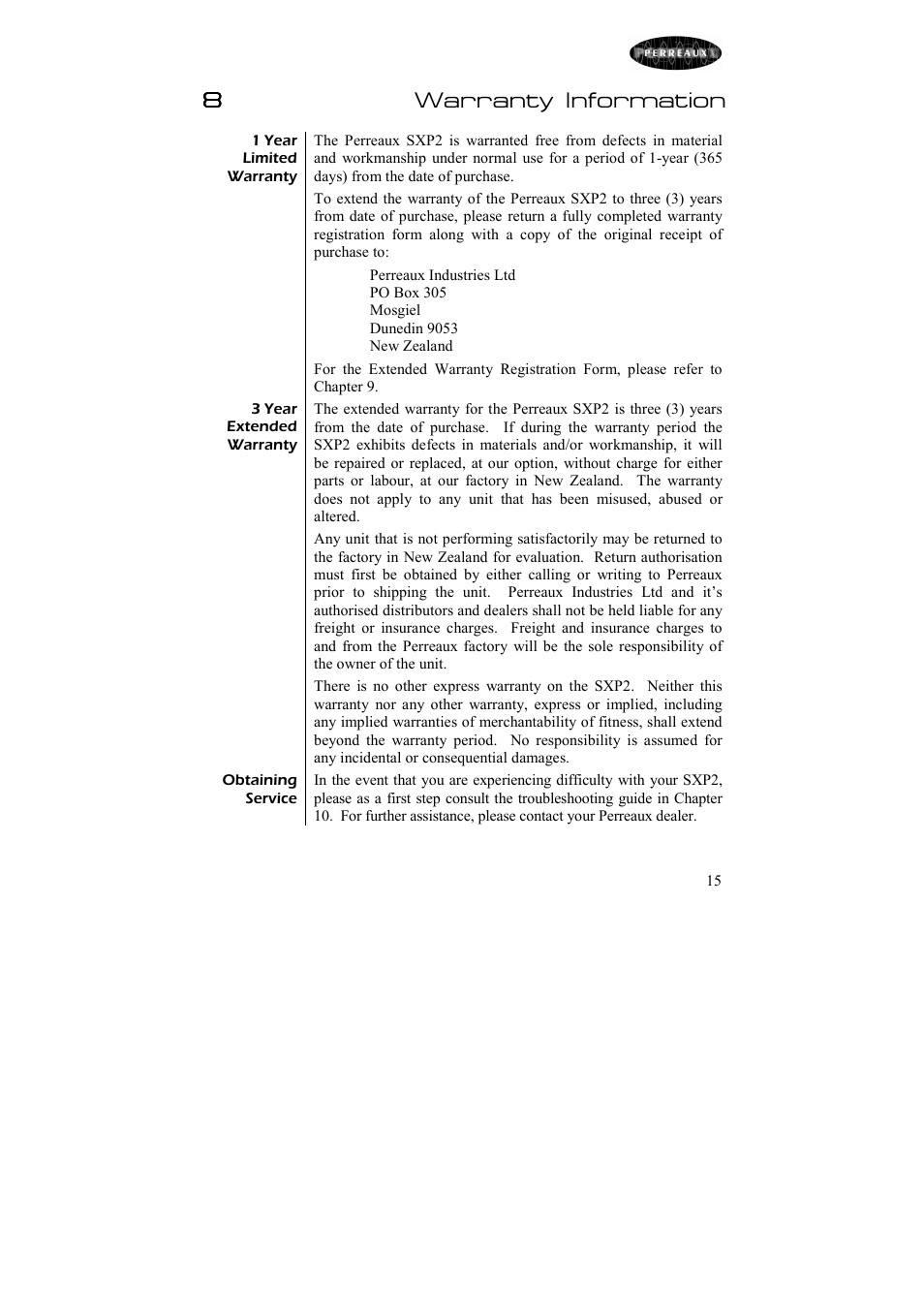 8warranty information | Perreaux Passive Preamplifier Silhouette SXP2 User Manual | Page 16 / 23