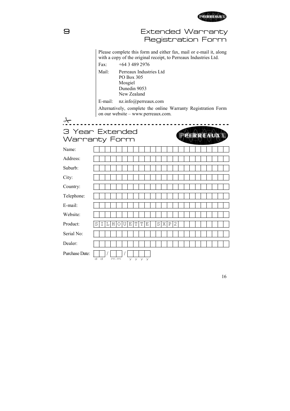 9extended warranty registration form, 3 year extended warranty form | Perreaux Passive Preamplifier Silhouette SXP2 User Manual | Page 17 / 23