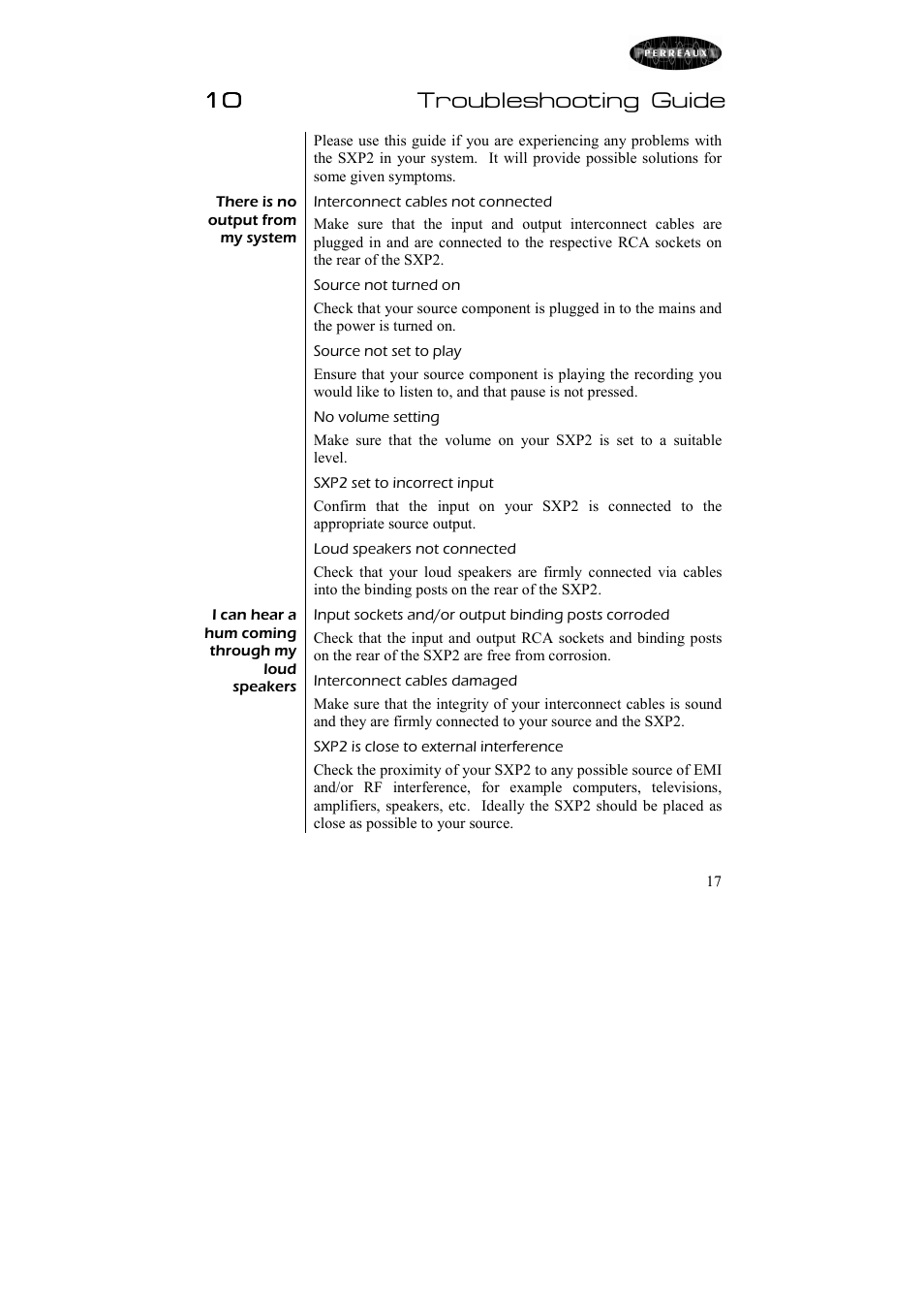 10 troubleshooting guide | Perreaux Passive Preamplifier Silhouette SXP2 User Manual | Page 18 / 23