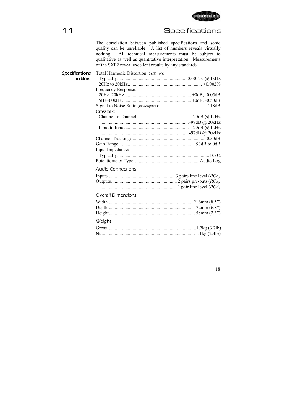 11 specifications | Perreaux Passive Preamplifier Silhouette SXP2 User Manual | Page 19 / 23