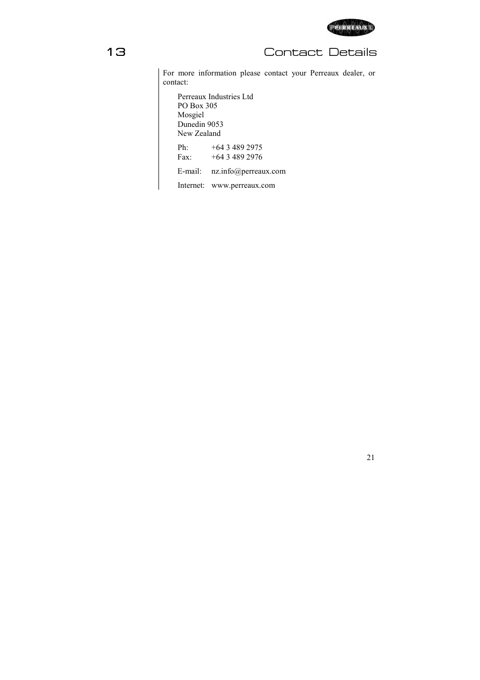 13 contact details | Perreaux Passive Preamplifier Silhouette SXP2 User Manual | Page 22 / 23