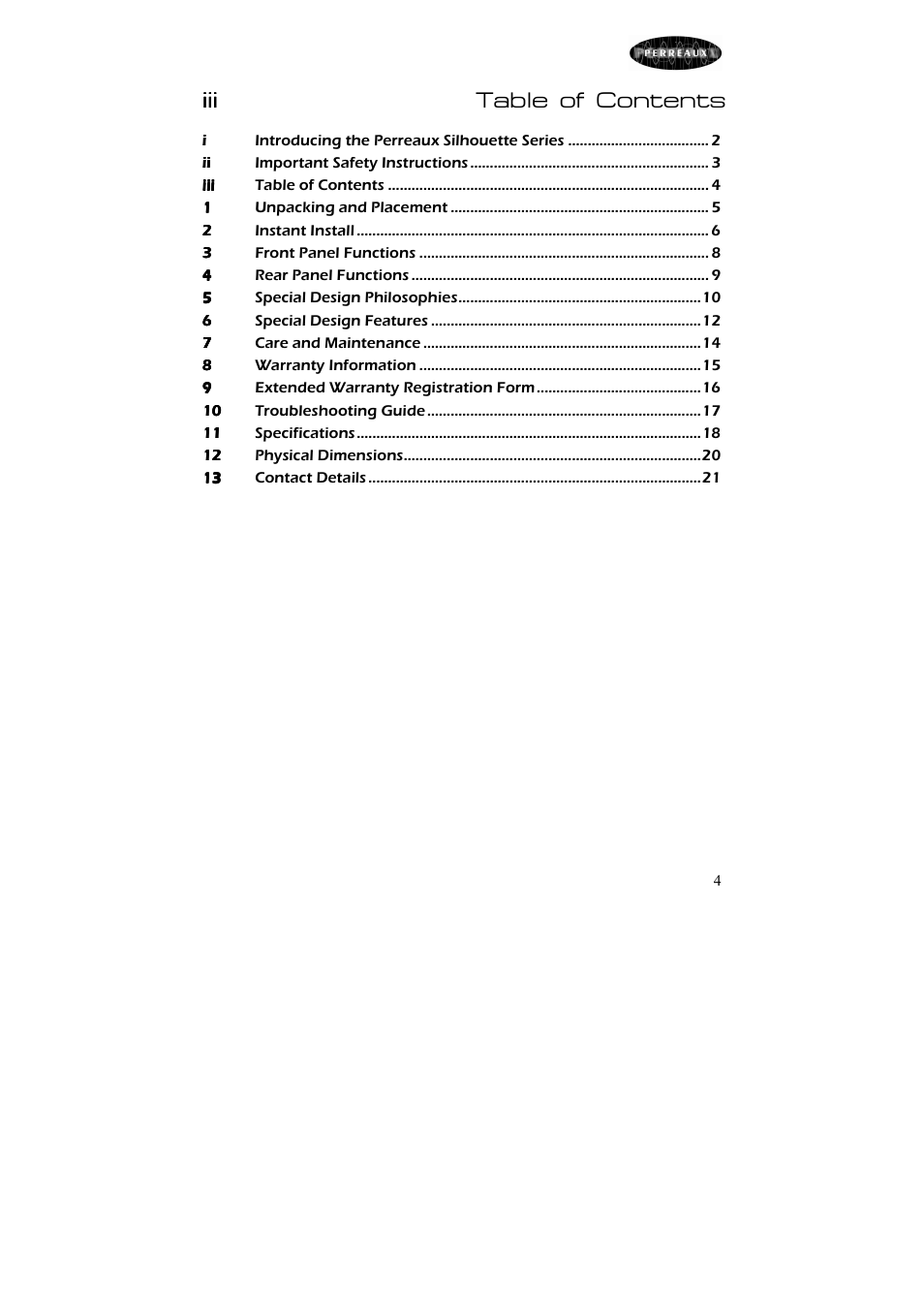 Iii table of contents | Perreaux Passive Preamplifier Silhouette SXP2 User Manual | Page 5 / 23