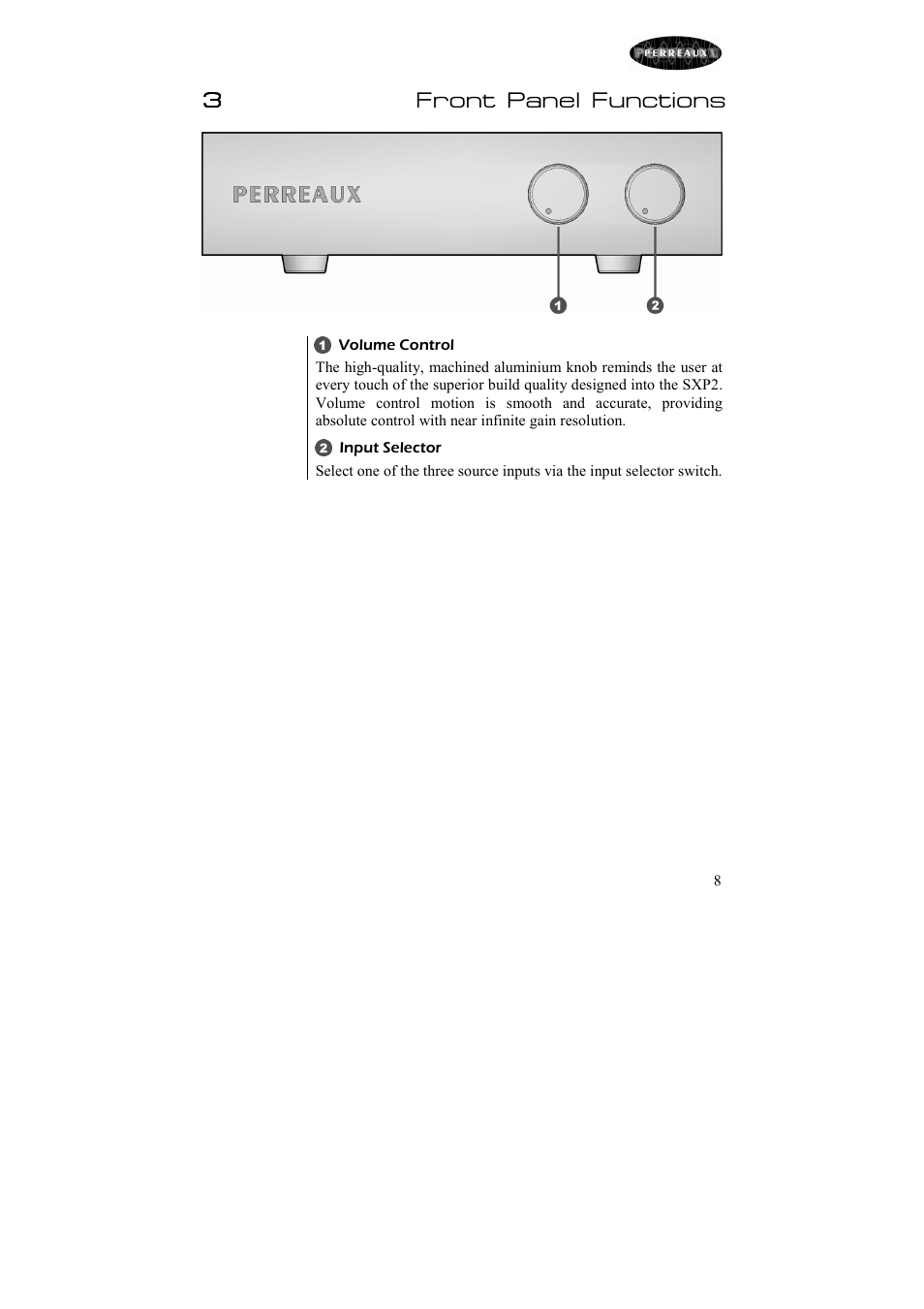 3front panel functions | Perreaux Passive Preamplifier Silhouette SXP2 User Manual | Page 9 / 23