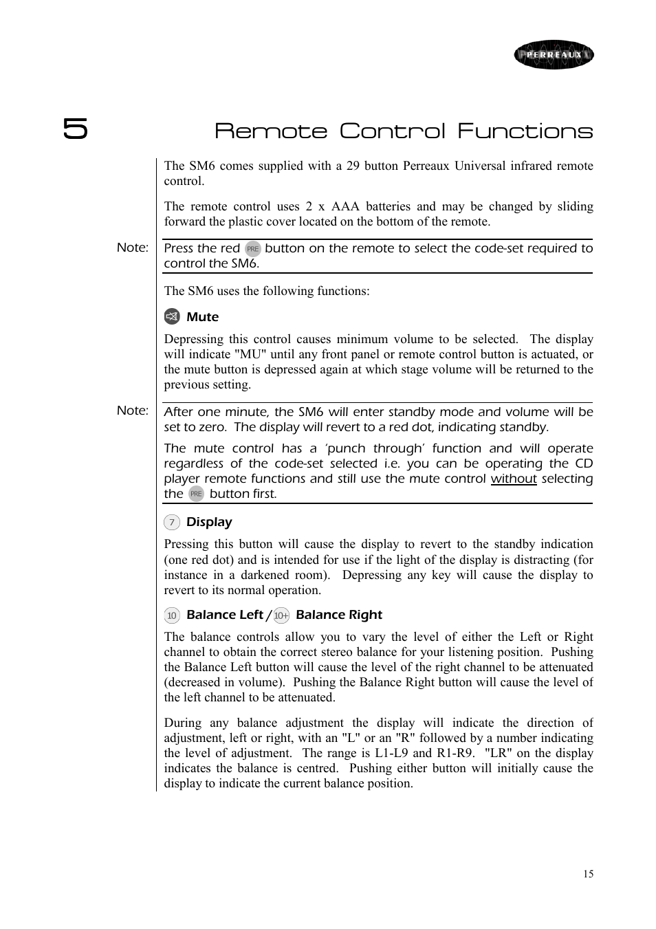Remote control functions | Perreaux SM6/P User Manual | Page 15 / 35