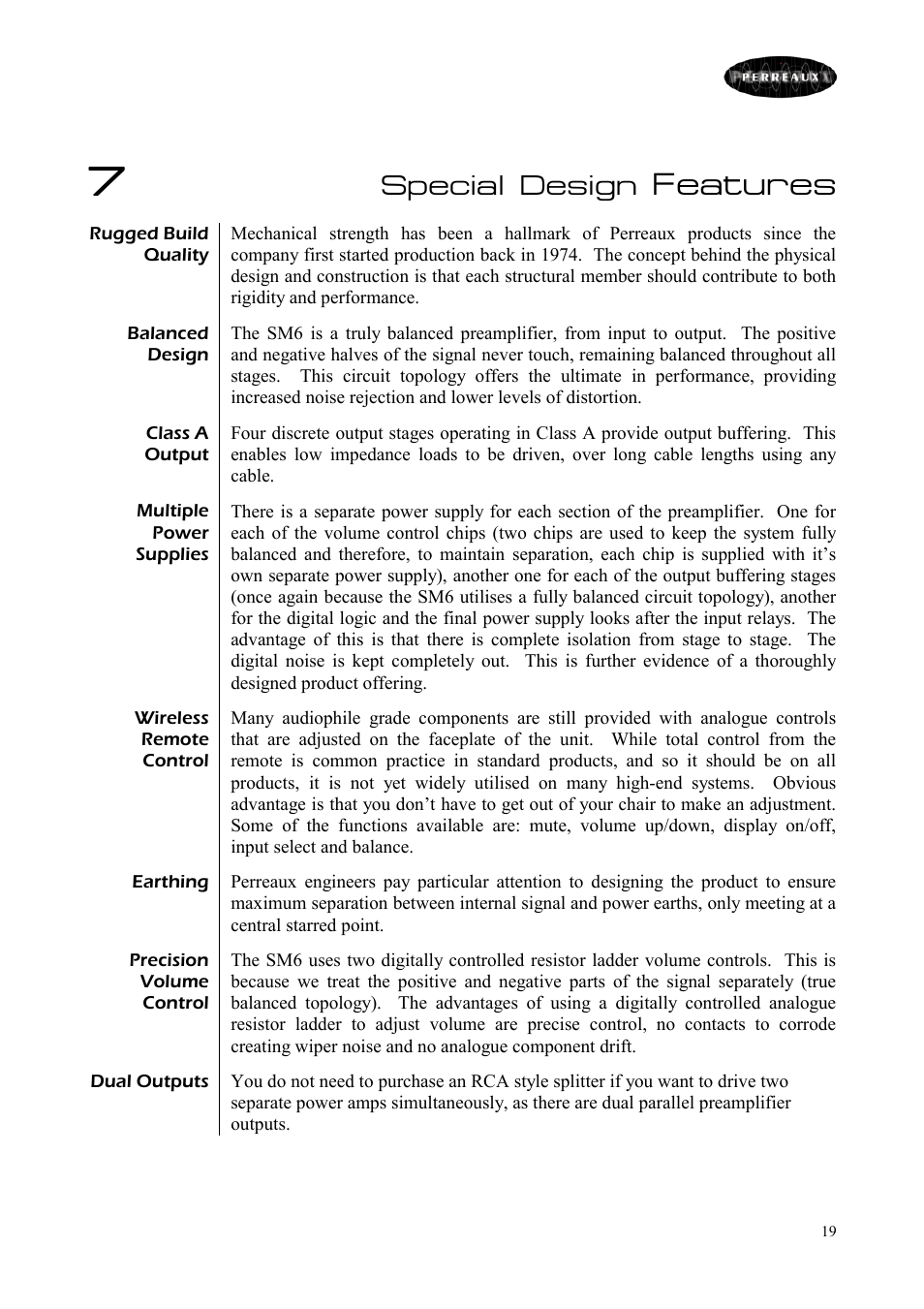 Features, Special design | Perreaux SM6/P User Manual | Page 19 / 35