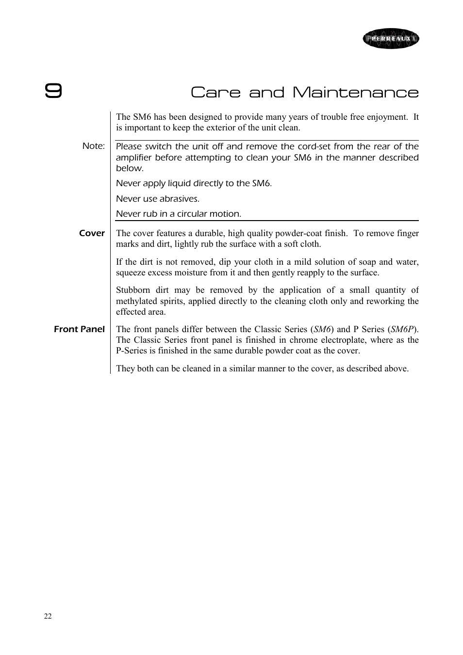 Care and maintenance | Perreaux SM6/P User Manual | Page 22 / 35