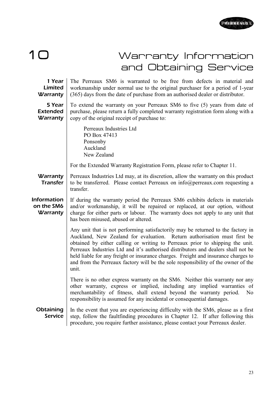 Warranty information and obtaining service | Perreaux SM6/P User Manual | Page 23 / 35