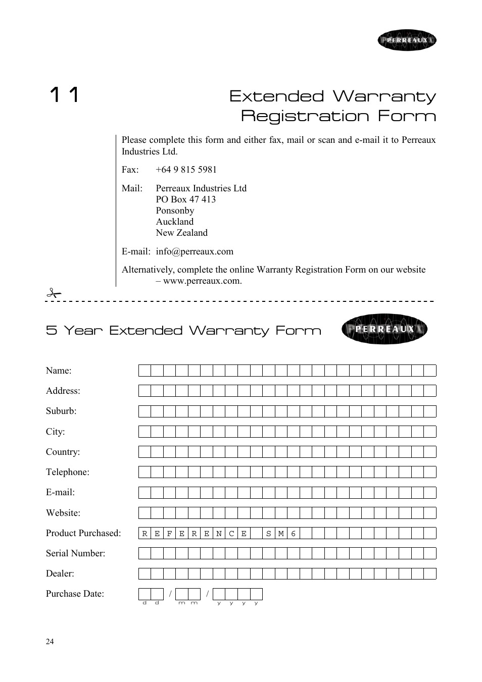 Extended warranty registration form, 5 year extended warranty form | Perreaux SM6/P User Manual | Page 24 / 35
