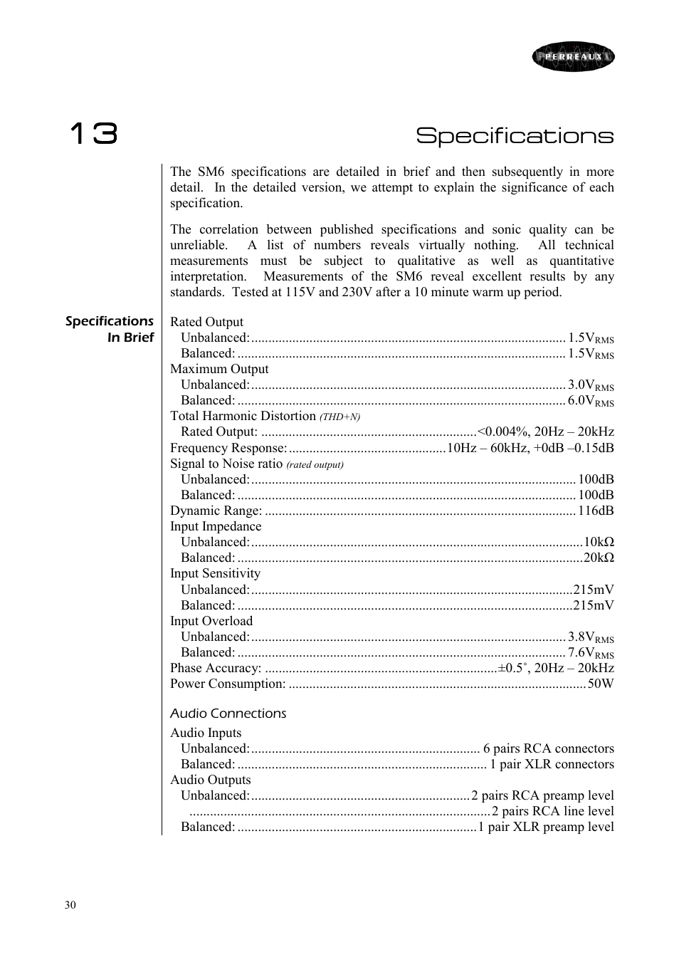 Specifications | Perreaux SM6/P User Manual | Page 30 / 35