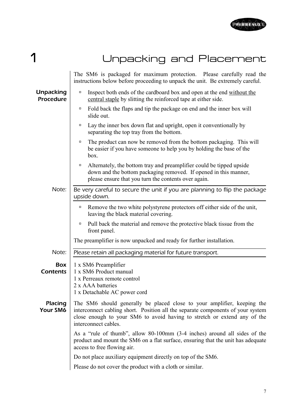 Unpacking and placement | Perreaux SM6/P User Manual | Page 7 / 35