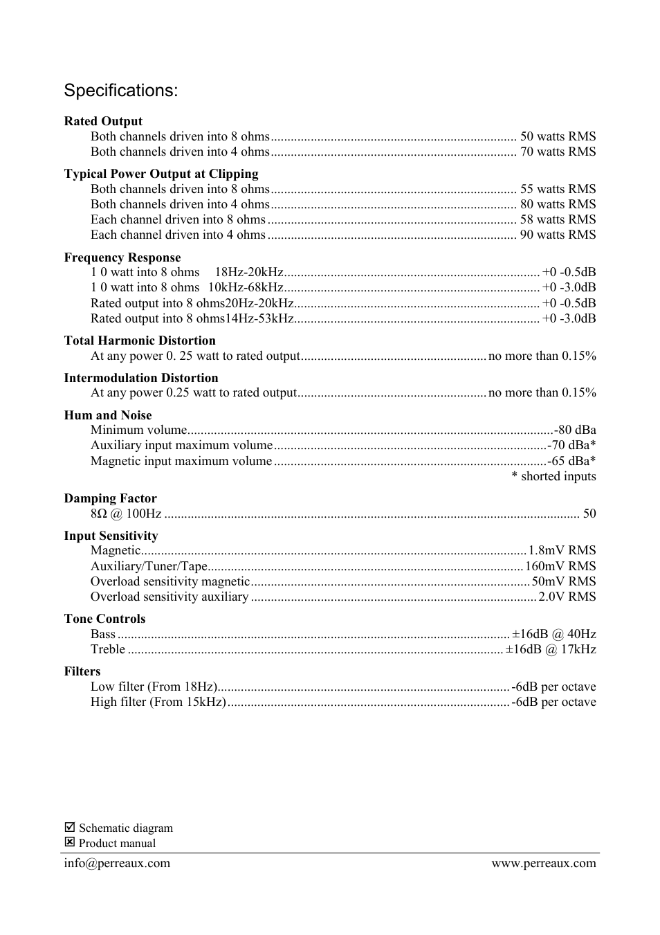 Specifications | Perreaux NR500 User Manual | Page 2 / 2