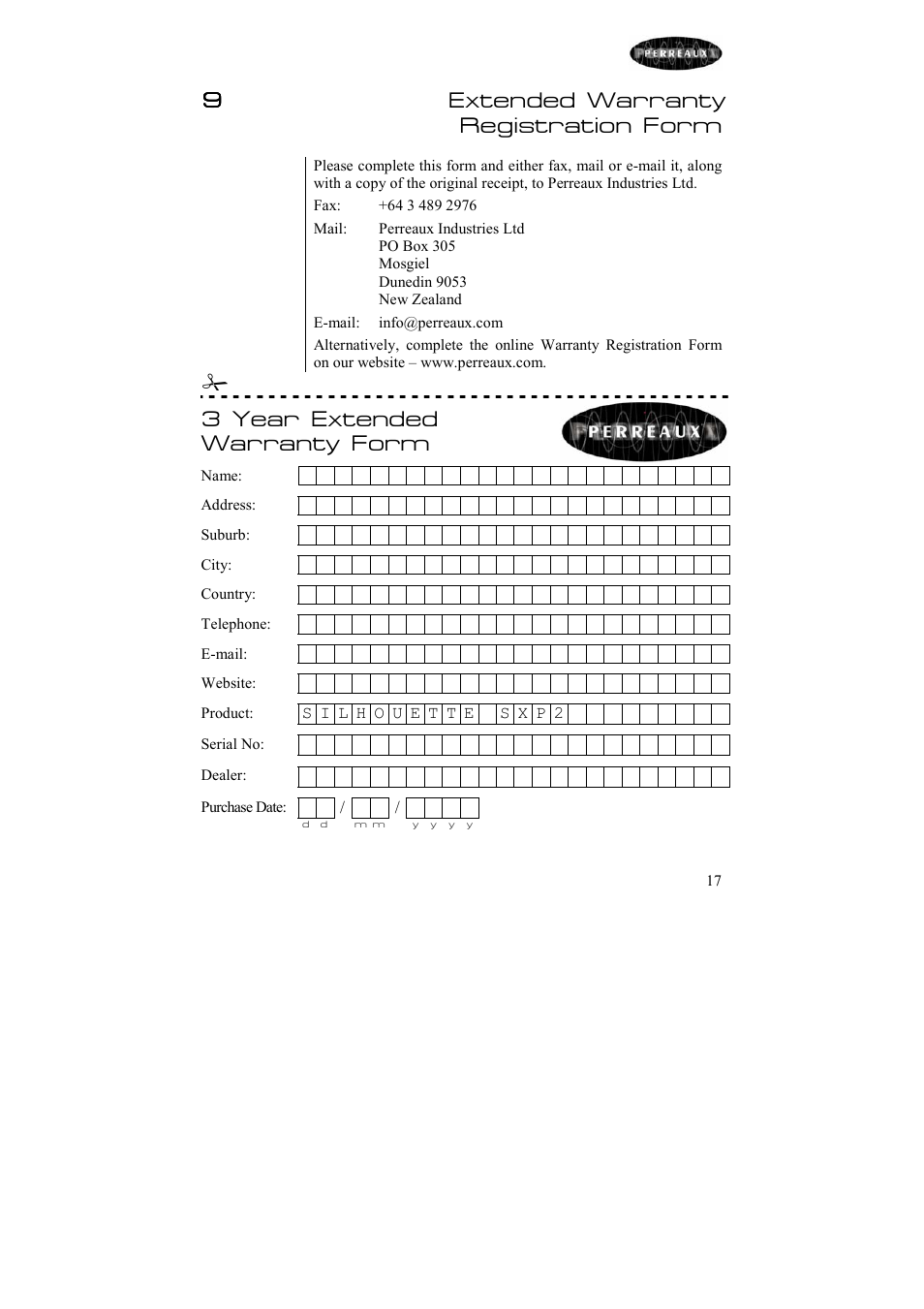 9extended warranty registration form, 3 year extended warranty form | Perreaux SXP2 User Manual | Page 18 / 24