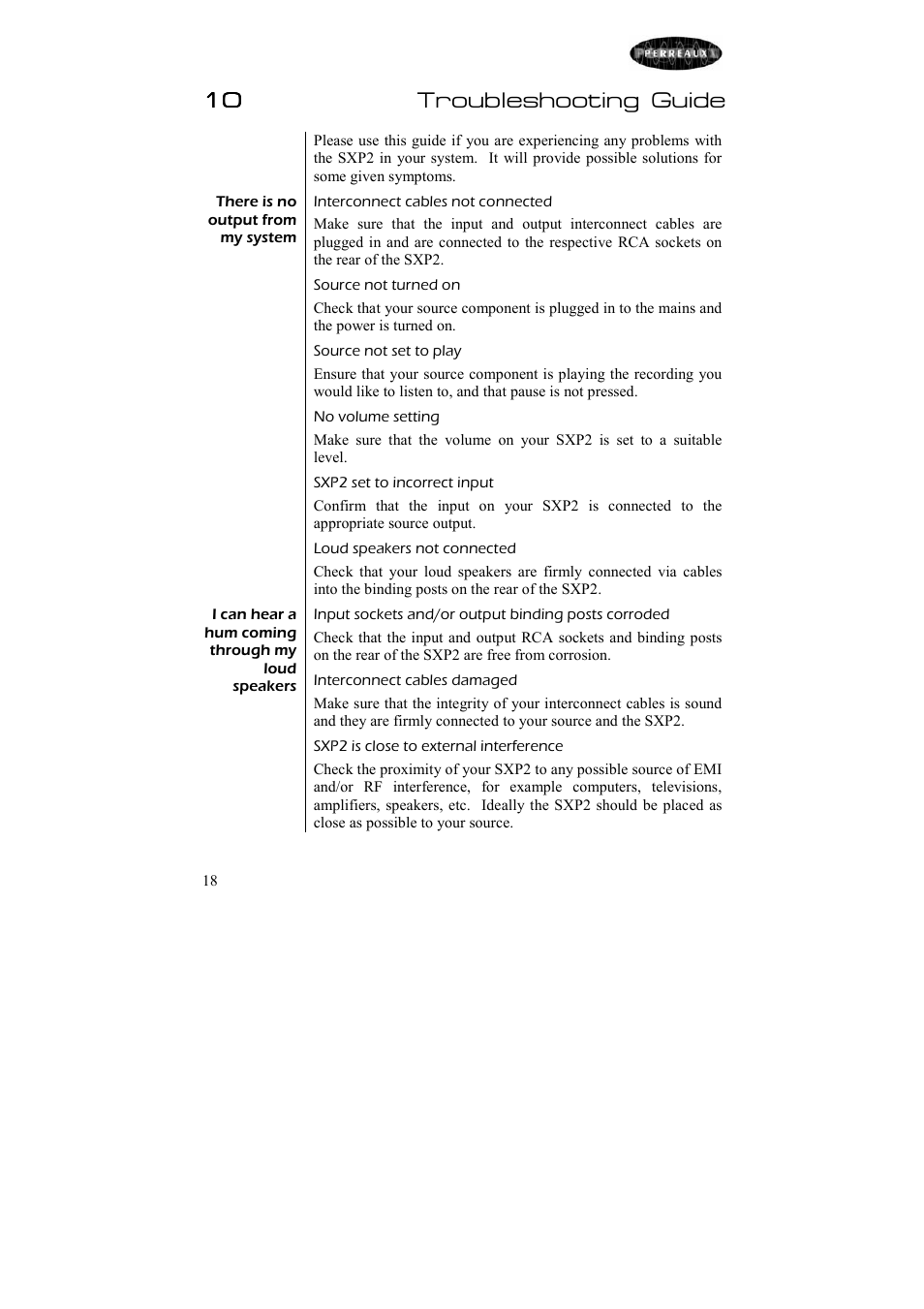 10 troubleshooting guide | Perreaux SXP2 User Manual | Page 19 / 24
