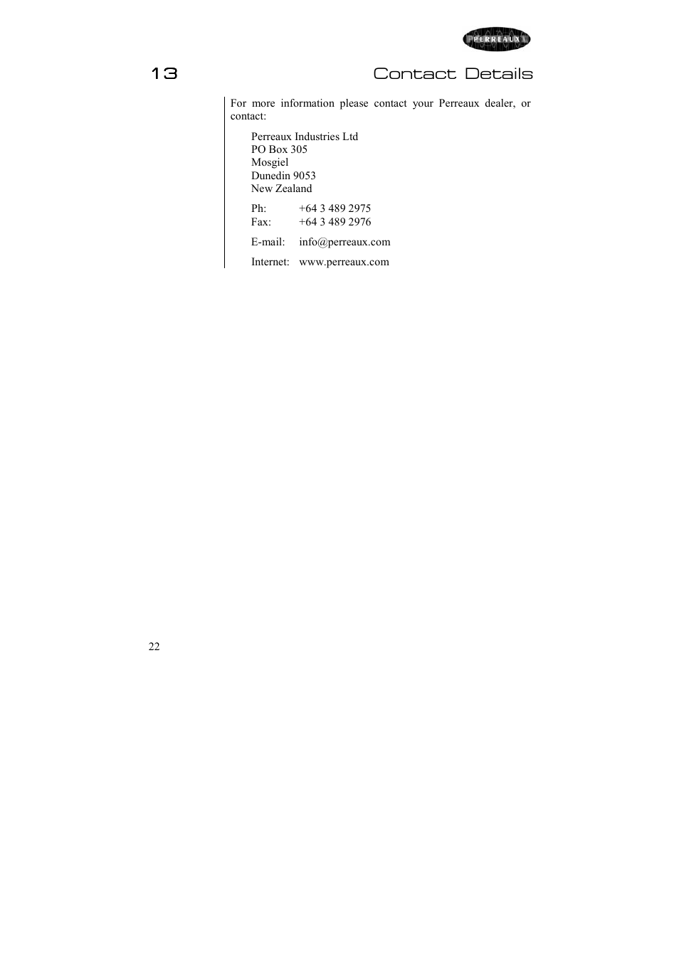 13 contact details | Perreaux SXP2 User Manual | Page 23 / 24