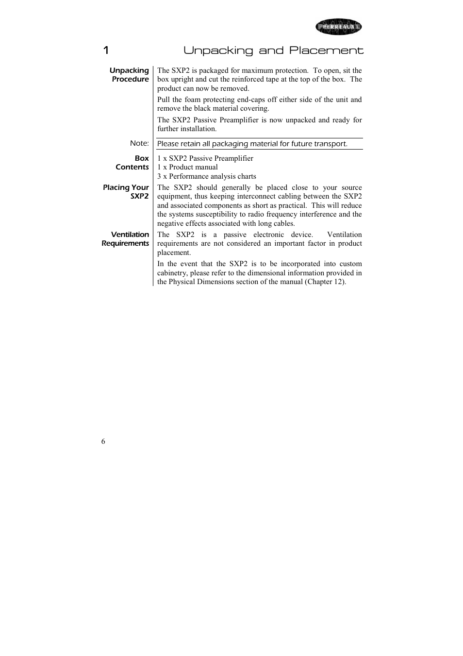 1unpacking and placement | Perreaux SXP2 User Manual | Page 7 / 24