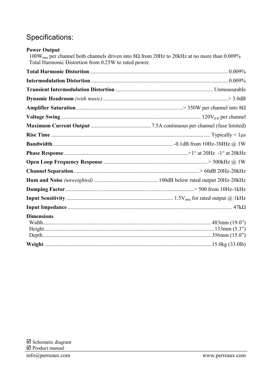 Specifications | Perreaux PMF1150B User Manual | Page 2 / 2