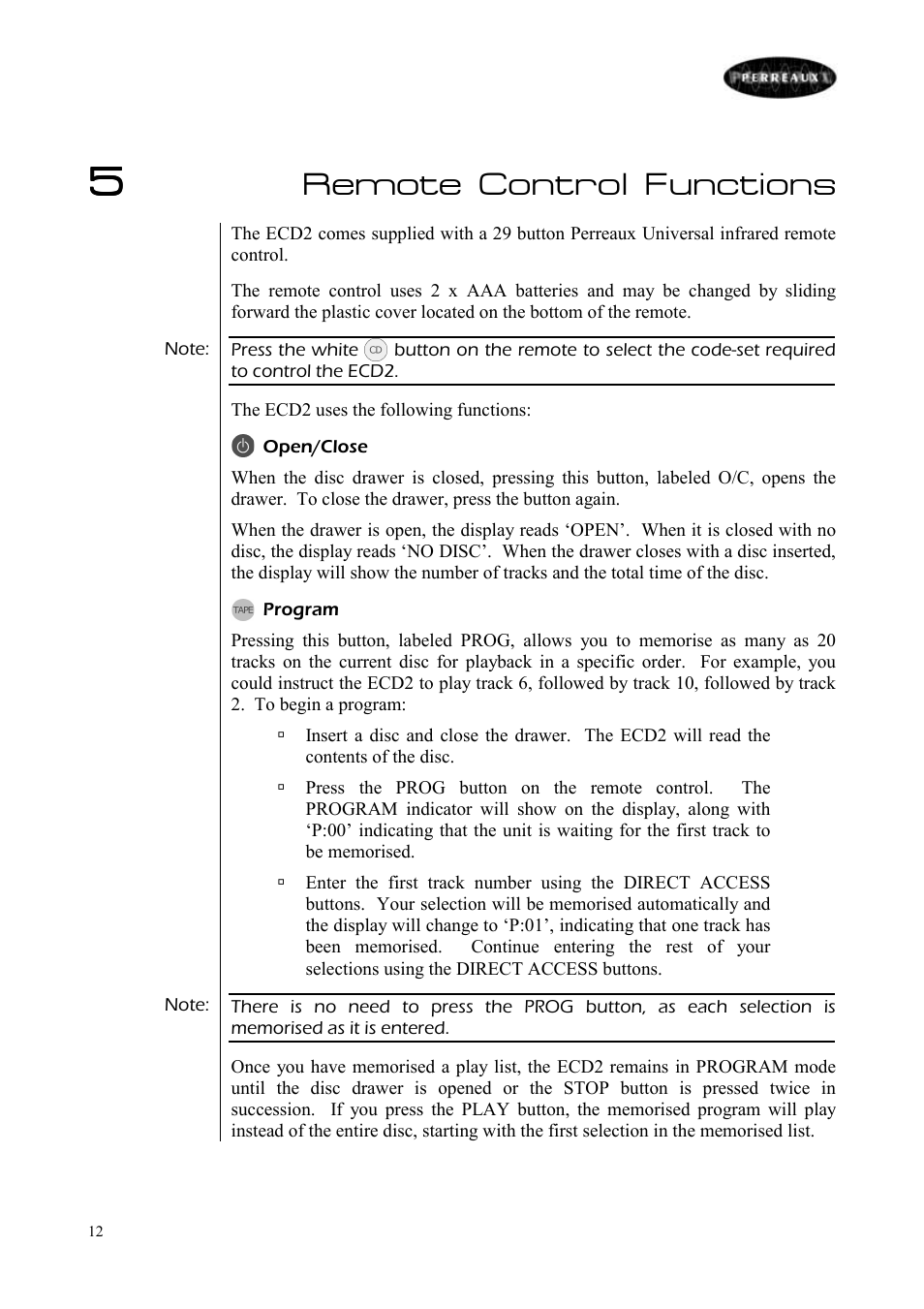 Remote control functions | Perreaux ECD2 User Manual | Page 13 / 32