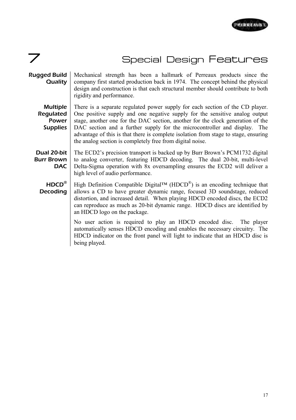 Features, Special design | Perreaux ECD2 User Manual | Page 18 / 32