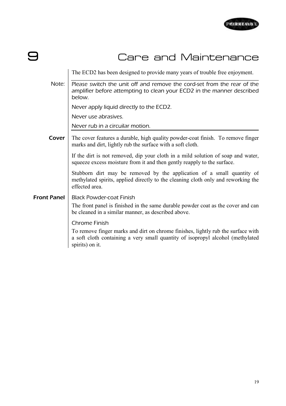 Care and maintenance | Perreaux ECD2 User Manual | Page 20 / 32