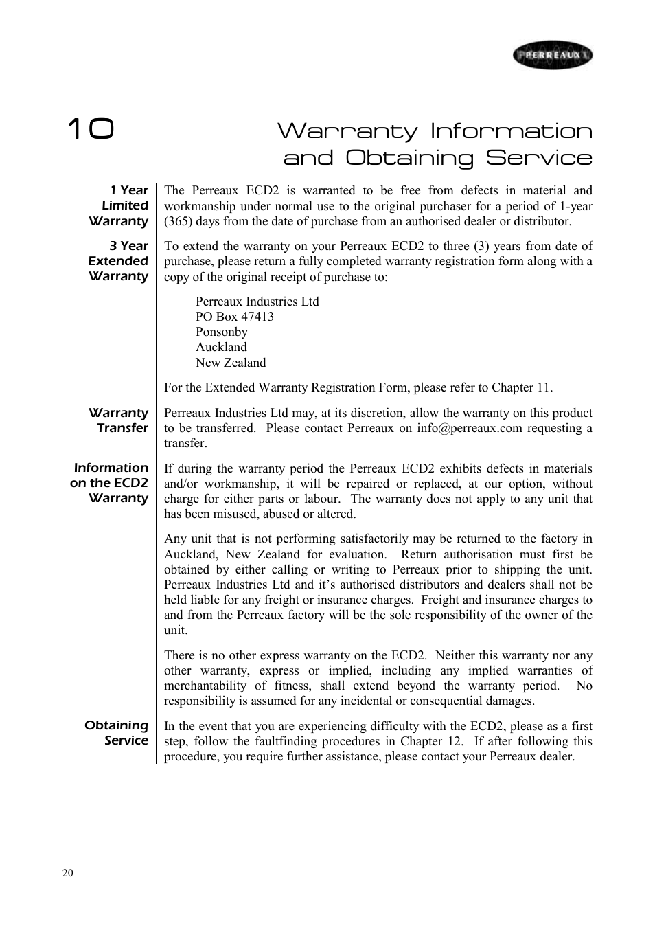 Warranty information and obtaining service | Perreaux ECD2 User Manual | Page 21 / 32