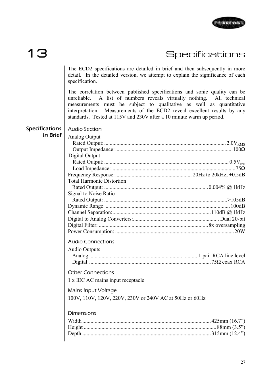 Specifications | Perreaux ECD2 User Manual | Page 28 / 32