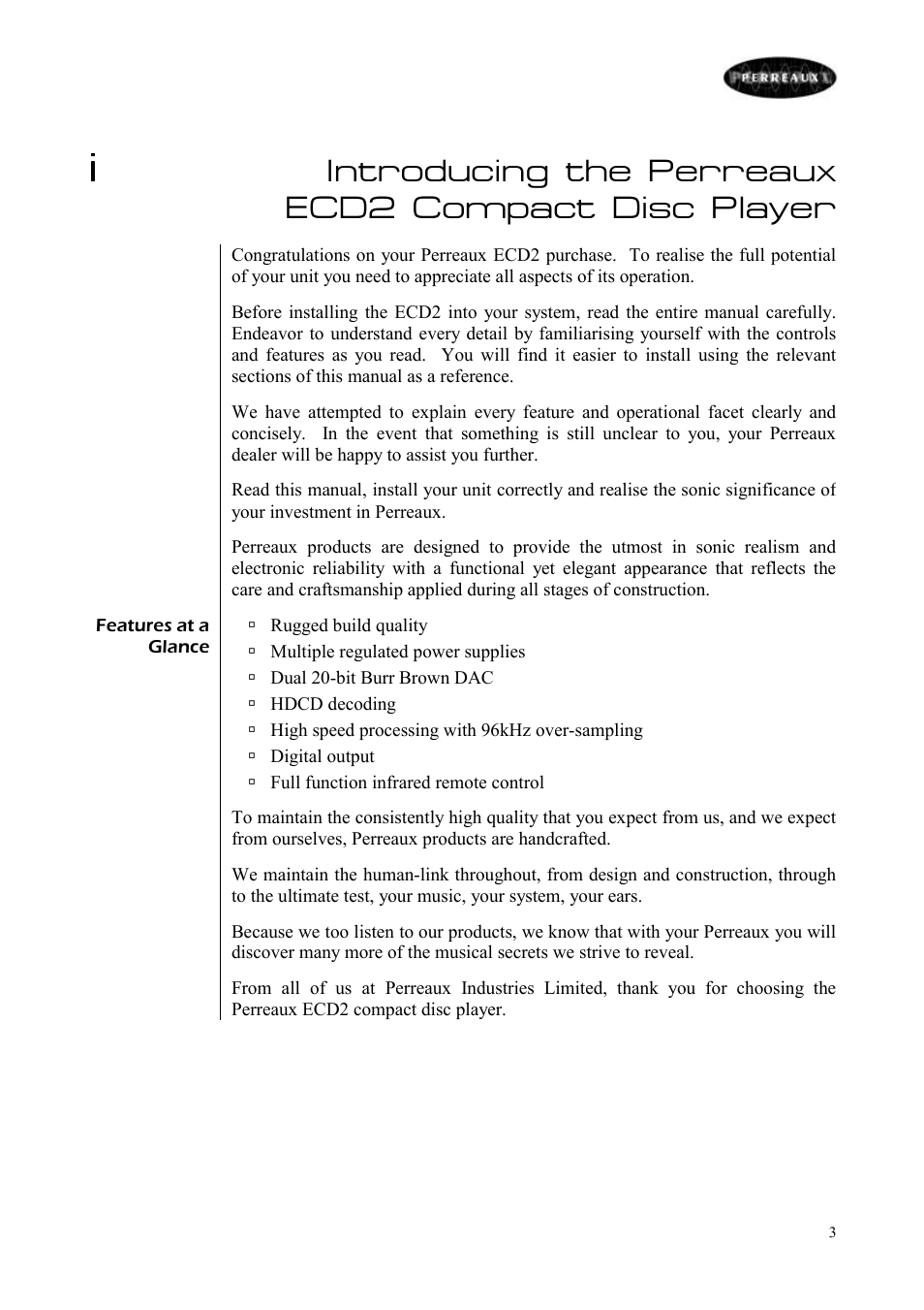 Introducing the perreaux ecd2 compact disc player | Perreaux ECD2 User Manual | Page 4 / 32