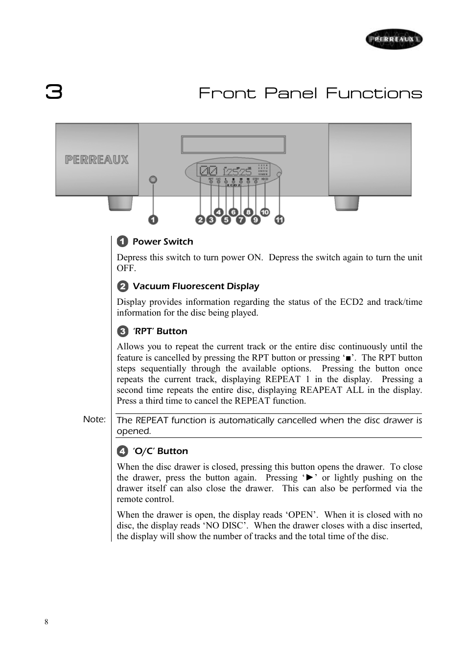 Front panel functions | Perreaux ECD2 User Manual | Page 9 / 32