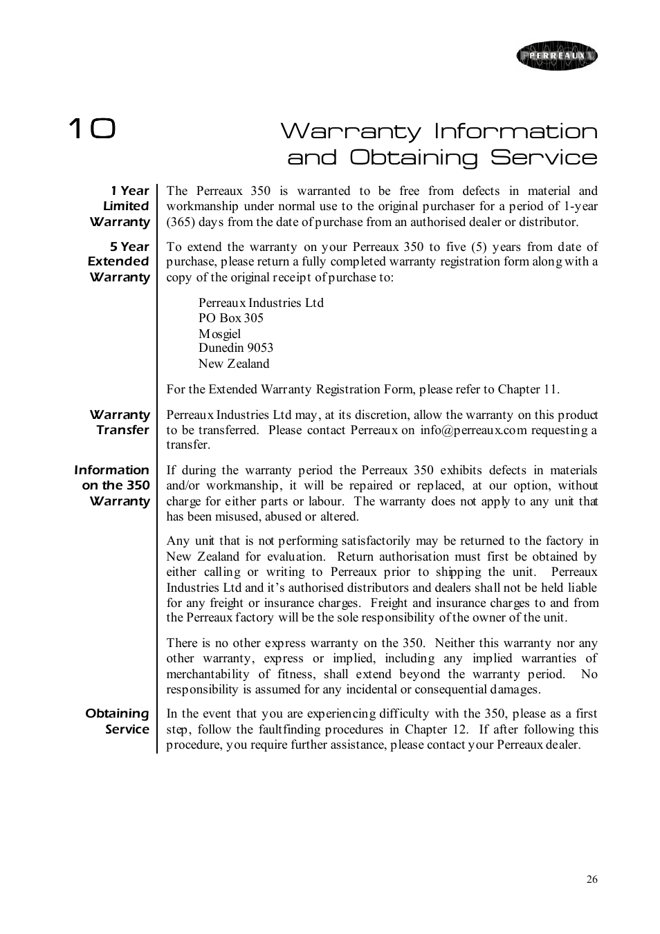 Warranty information and obtaining service | Perreaux Prisma 350 User Manual | Page 26 / 38
