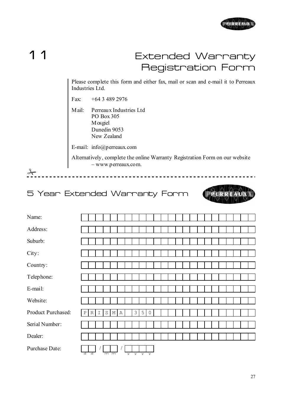 Extended warranty registration form, 5 year extended warranty form | Perreaux Prisma 350 User Manual | Page 27 / 38