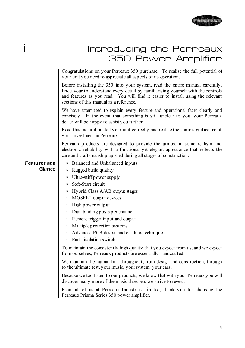 Introducing the perreaux 350 power amplifier | Perreaux Prisma 350 User Manual | Page 3 / 38