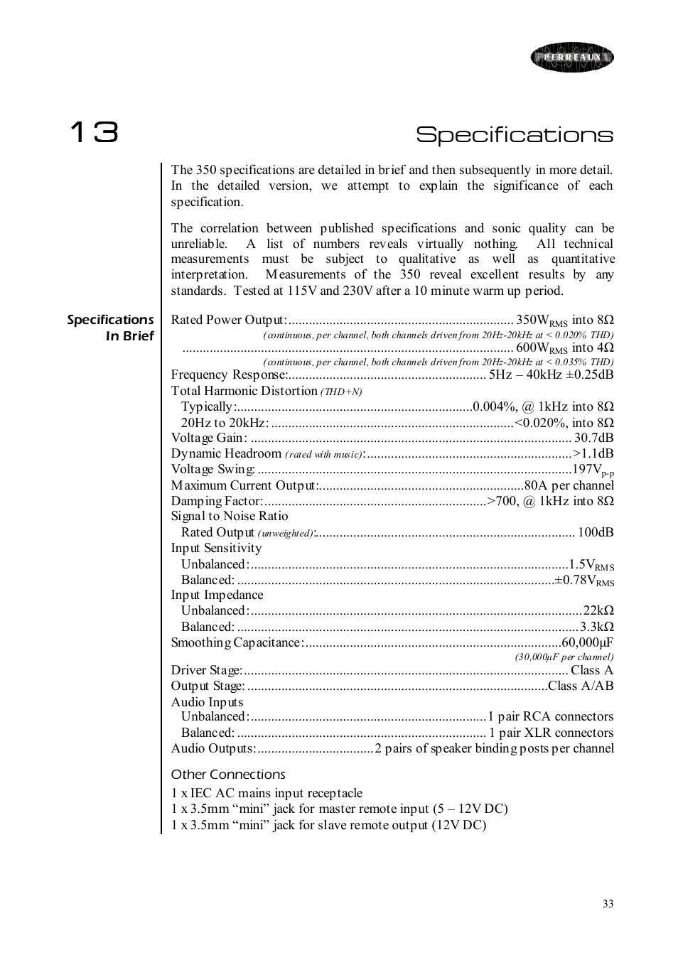 Specifications | Perreaux Prisma 350 User Manual | Page 33 / 38