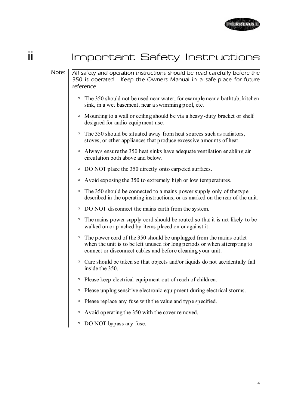 Important safety instructions | Perreaux Prisma 350 User Manual | Page 4 / 38
