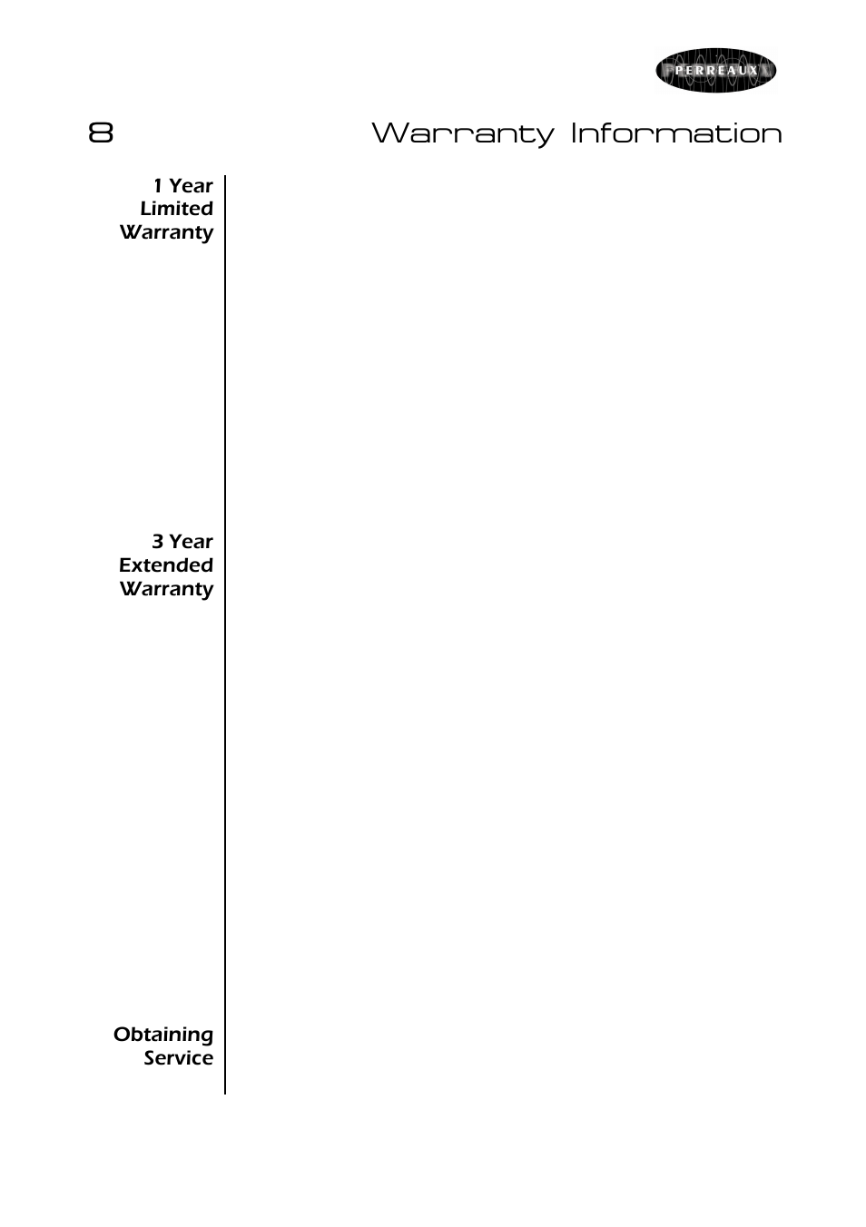 8warranty information | Perreaux SILHOUETTE SXV1 User Manual | Page 20 / 28