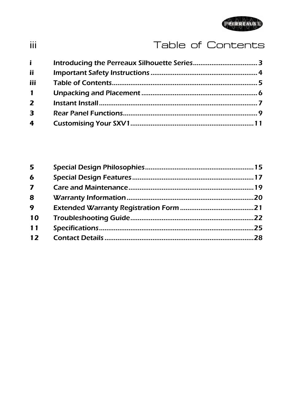 Iii table of contents | Perreaux SILHOUETTE SXV1 User Manual | Page 5 / 28