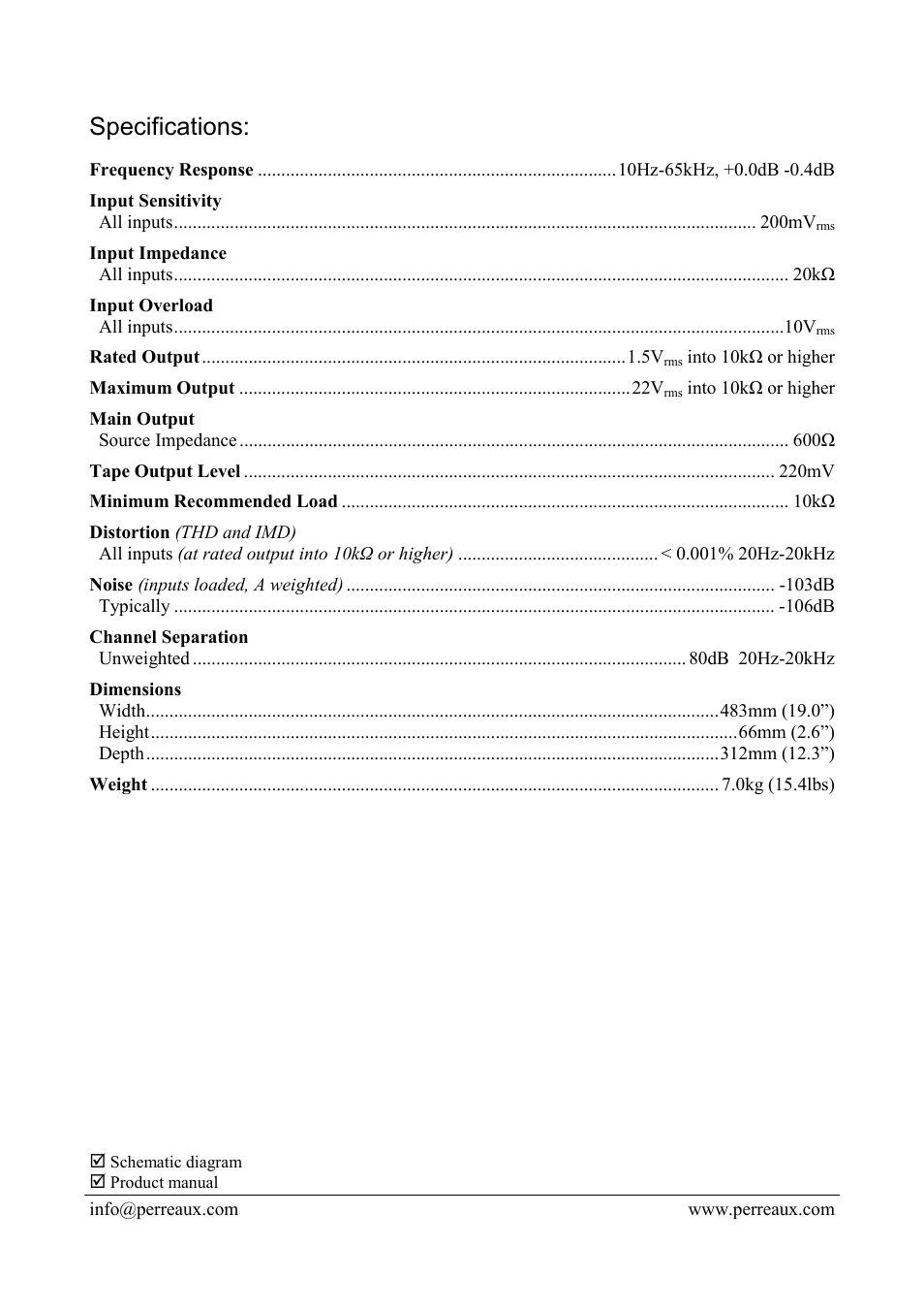 Specifications | Perreaux SM5 User Manual | Page 2 / 2