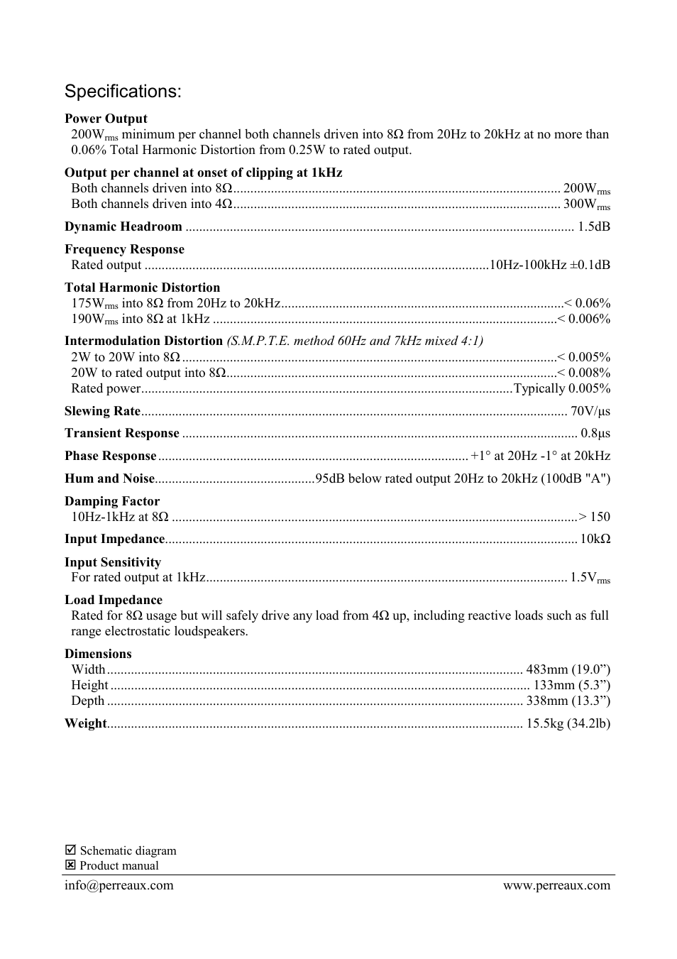 Specifications | Perreaux PMF2000 User Manual | Page 2 / 2