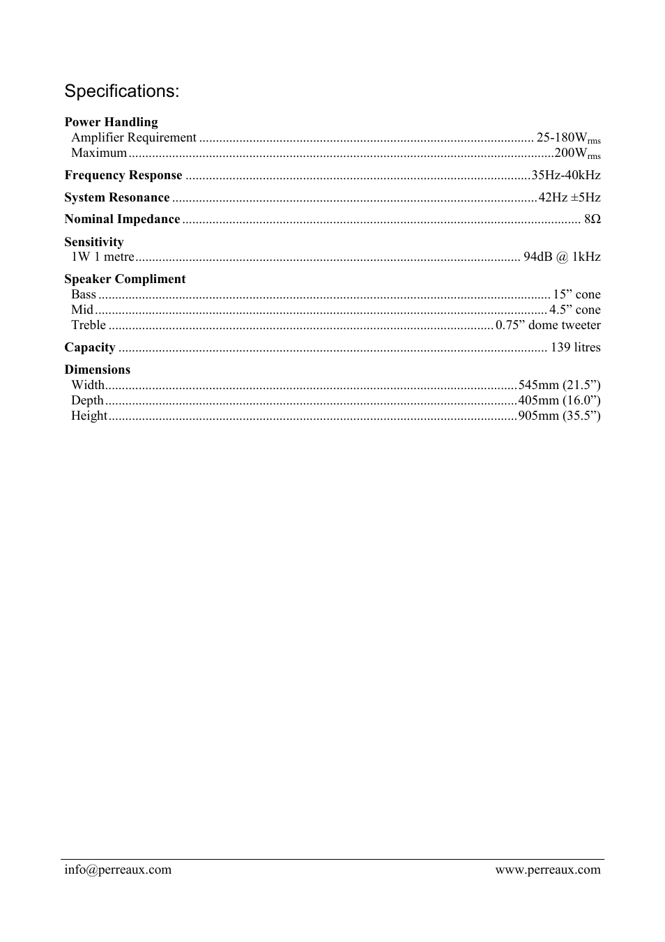 Specifications | Perreaux TL150 User Manual | Page 2 / 2