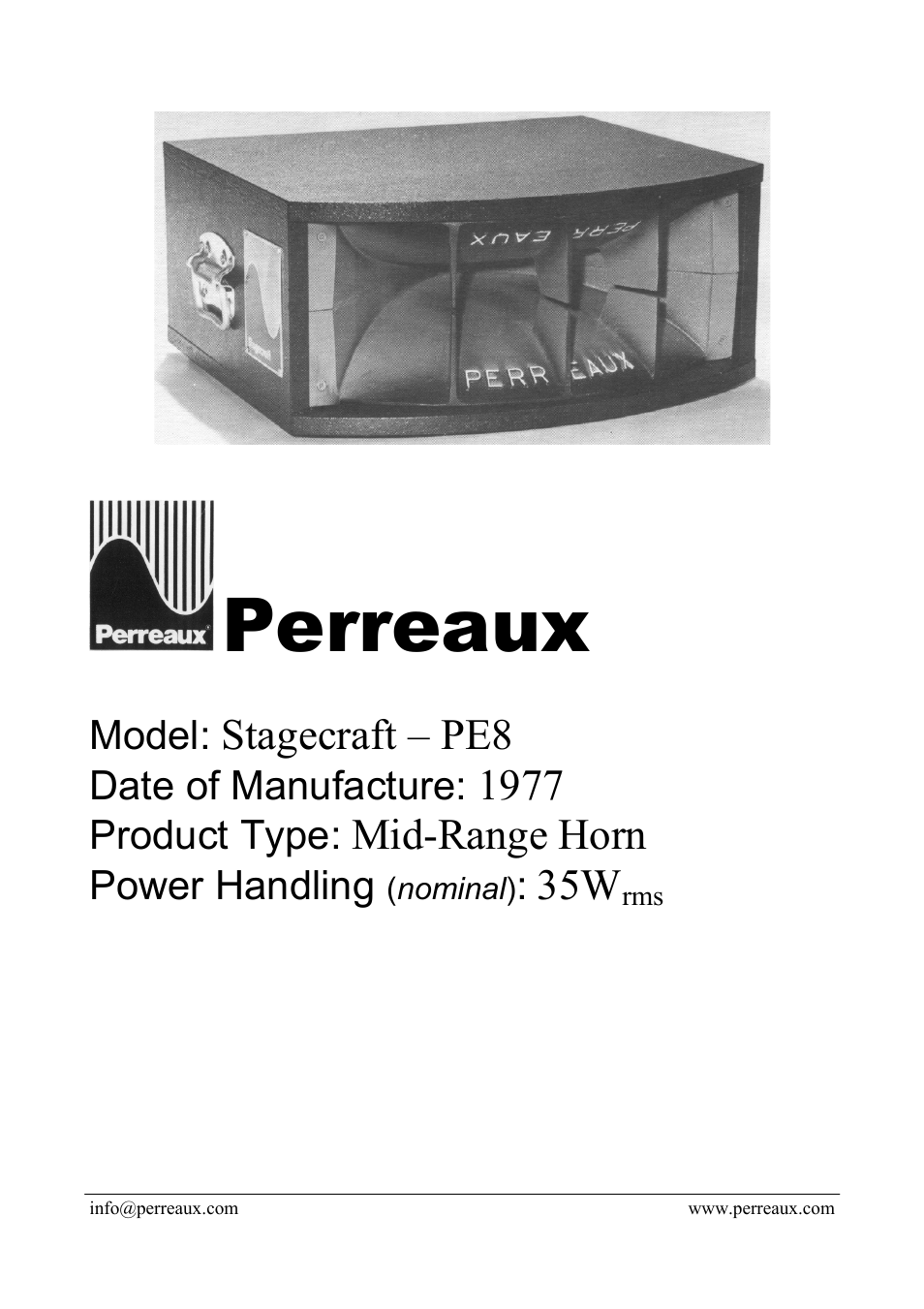 Perreaux MID-RANGE HORN STAGECRAFT PE8 User Manual | 2 pages