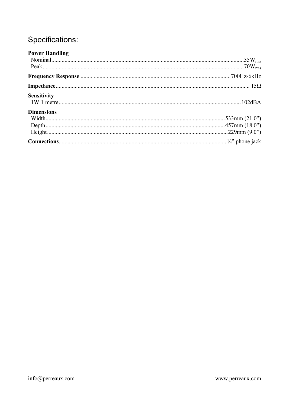 Specifications | Perreaux MID-RANGE HORN STAGECRAFT PE8 User Manual | Page 2 / 2