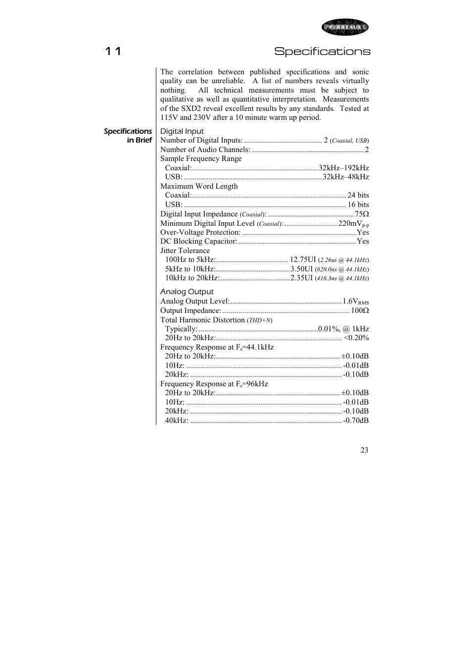 11 specifications | Perreaux SILHOUETTE SXD2 User Manual | Page 24 / 30