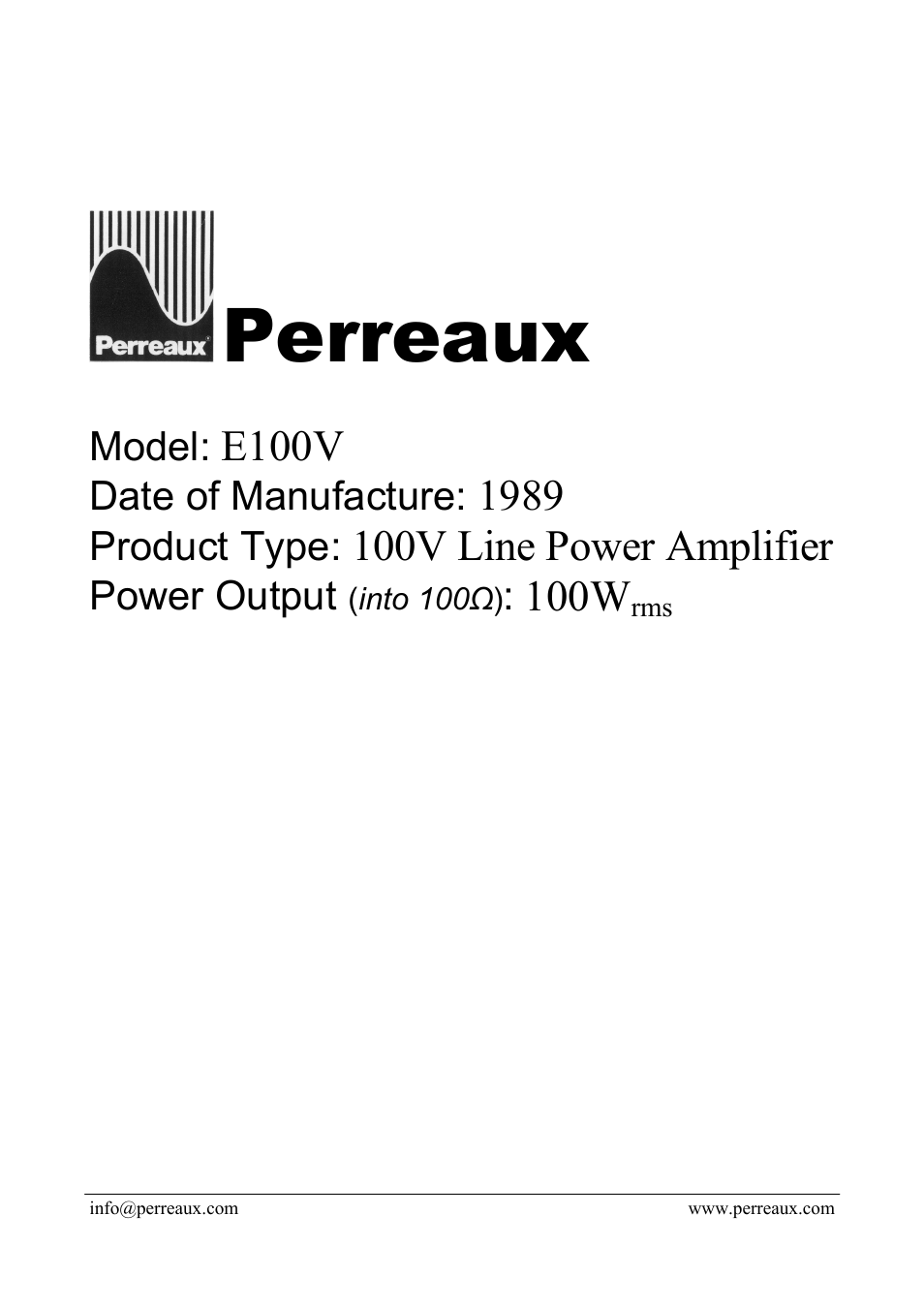 Perreaux E100V User Manual | 2 pages