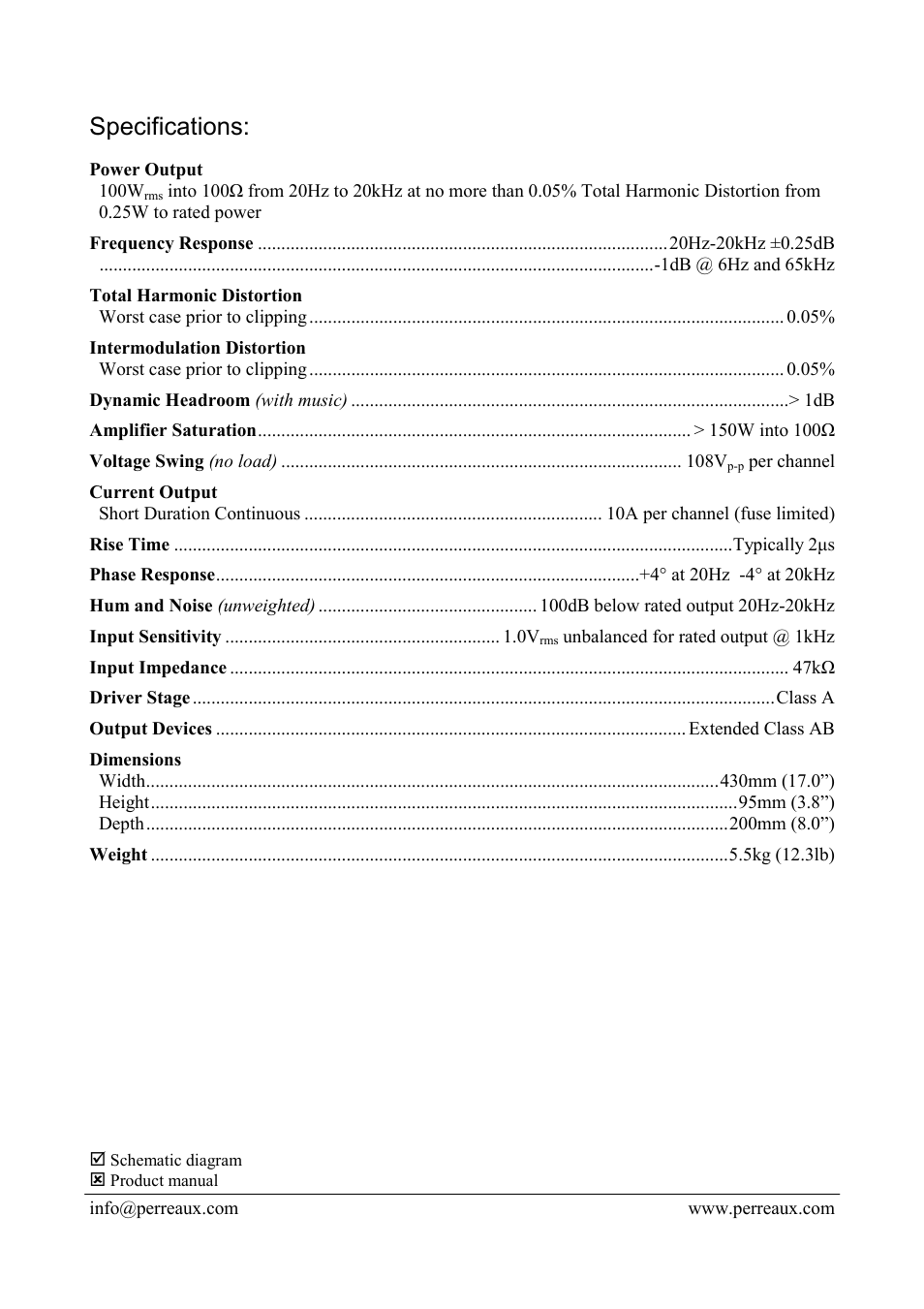 Specifications | Perreaux E100V User Manual | Page 2 / 2